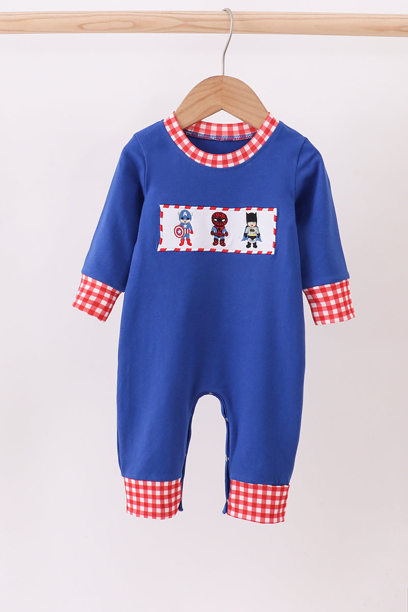 Superhero Gingham Baby Boy Romper – Blue & Red Long Sleeve