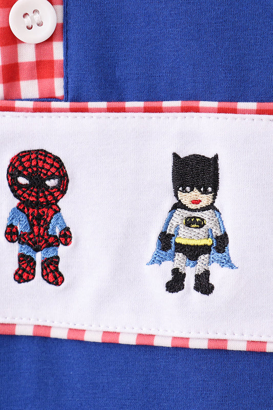 Superhero Gingham Boy’s Long Sleeve Shirt – Blue & Red