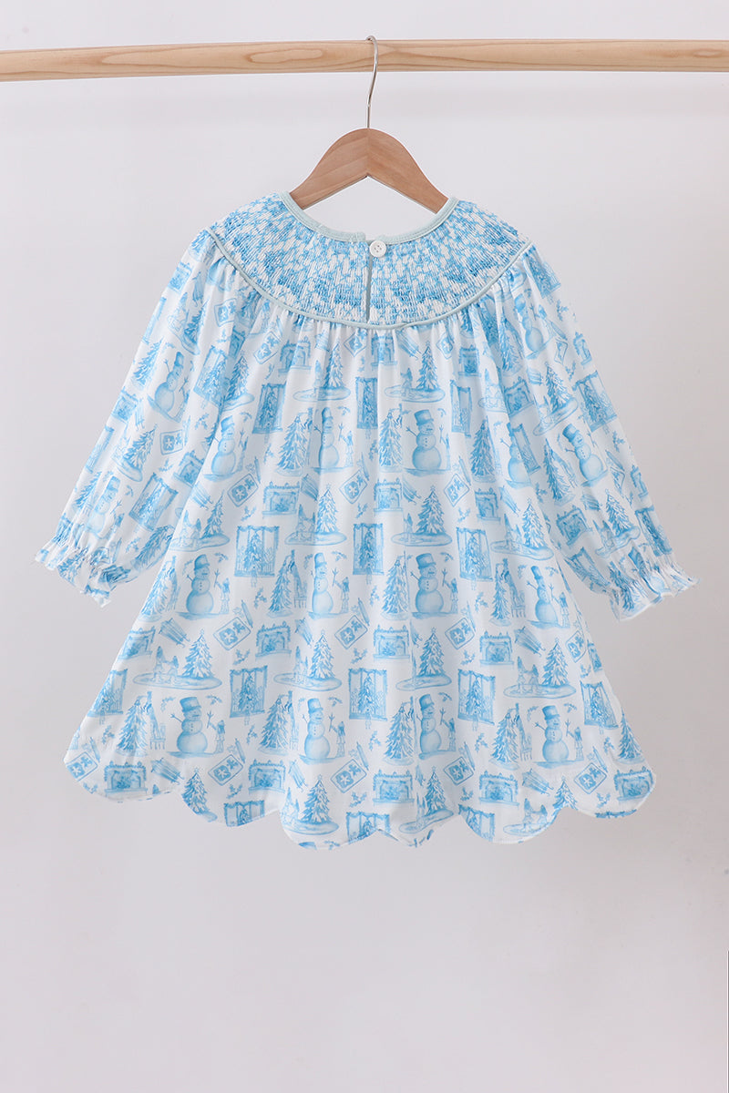 Blue Snowman Smocked Dress
