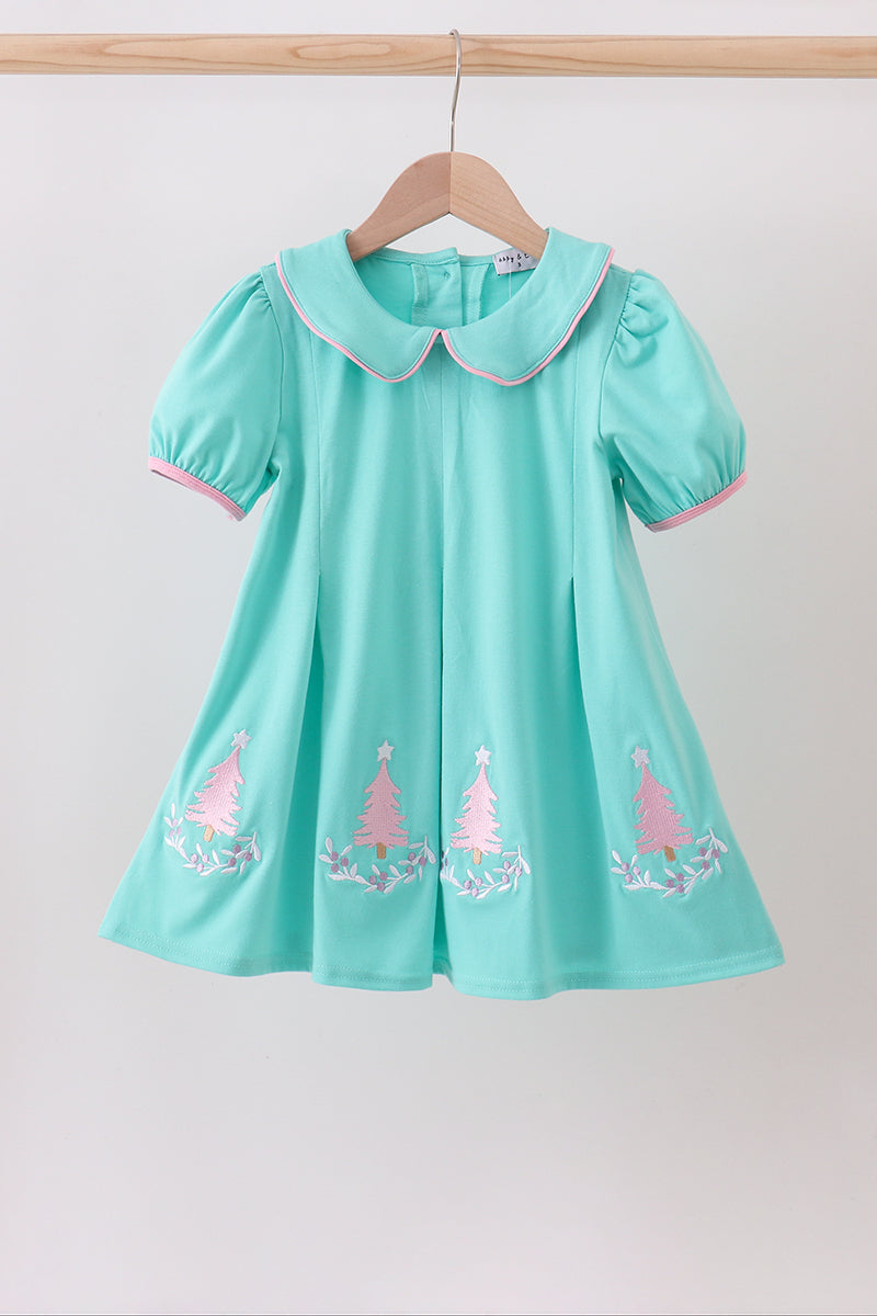 Mint Green Girls Holiday Dress with Pink Tree Embroidery
