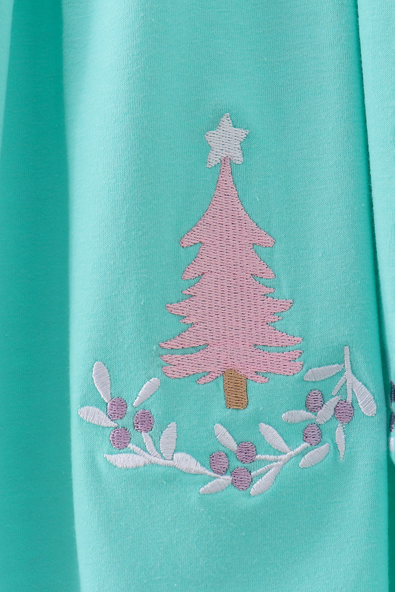Mint Green Girls Holiday Dress with Pink Tree Embroidery