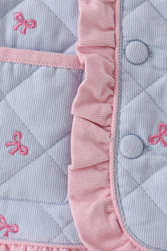 Girls’ Blue Quilted Jacket with Pink Bow Embroidery & Ruffle Trim