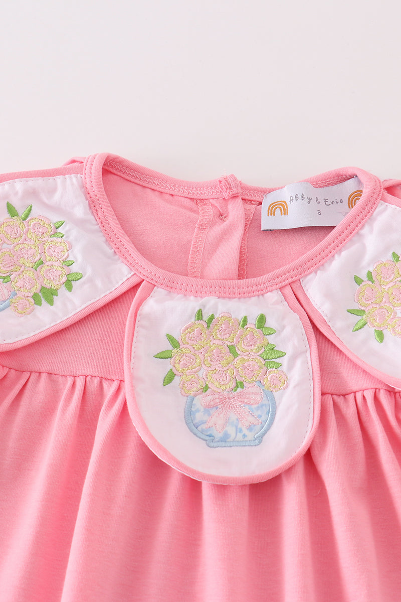 Pink Vase Embroidered Baby Dress – Scalloped Hem & Floral Collar