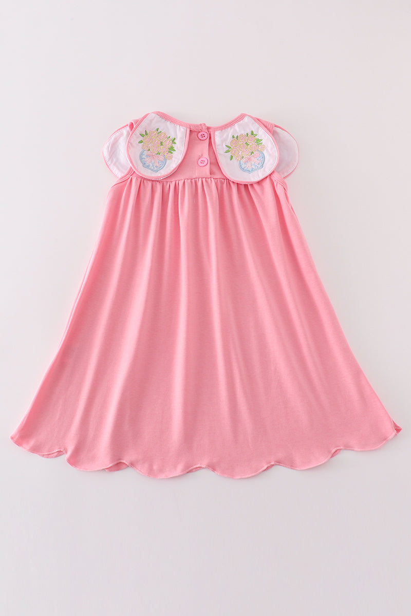 Pink Vase Embroidered Baby Dress – Scalloped Hem & Floral Collar
