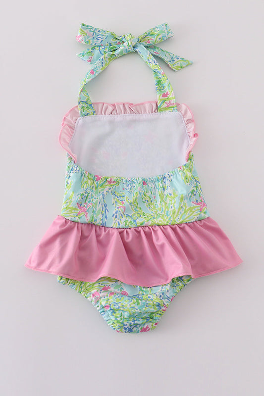 Pink Ruffle Baby Swimsuit – Tropical Halter One-Piece