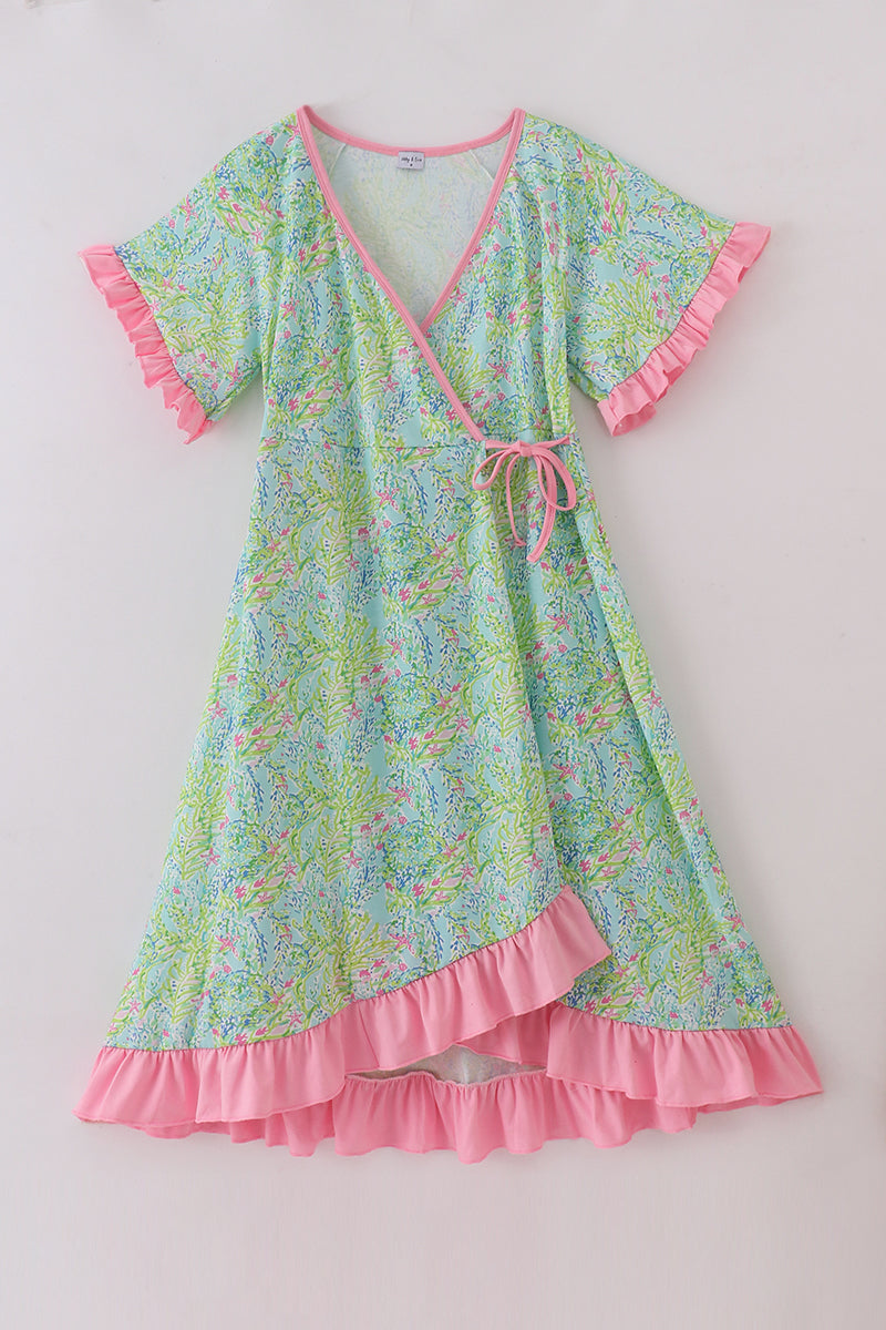 Women’s Pastel Garden Wrap Dress with Pink Ruffle Trim