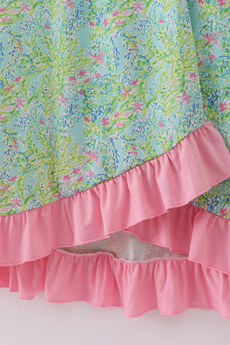 Women’s Pastel Garden Wrap Dress with Pink Ruffle Trim