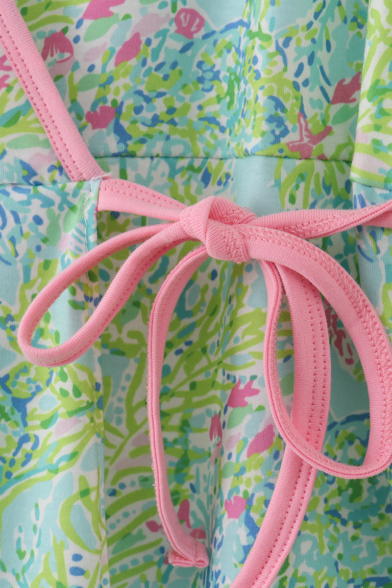 Women’s Pastel Garden Wrap Dress with Pink Ruffle Trim