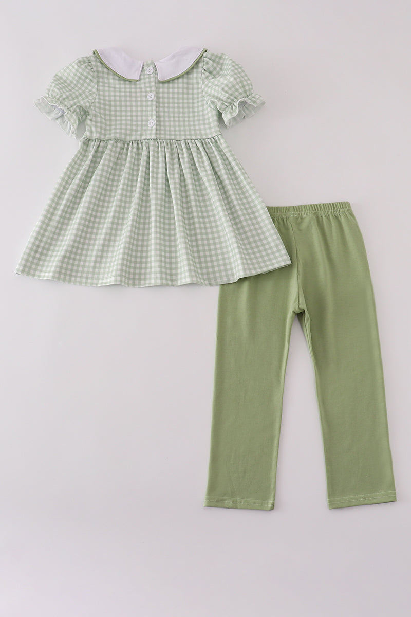 Girls Green Gingham Turkey Dress & Leggings Set