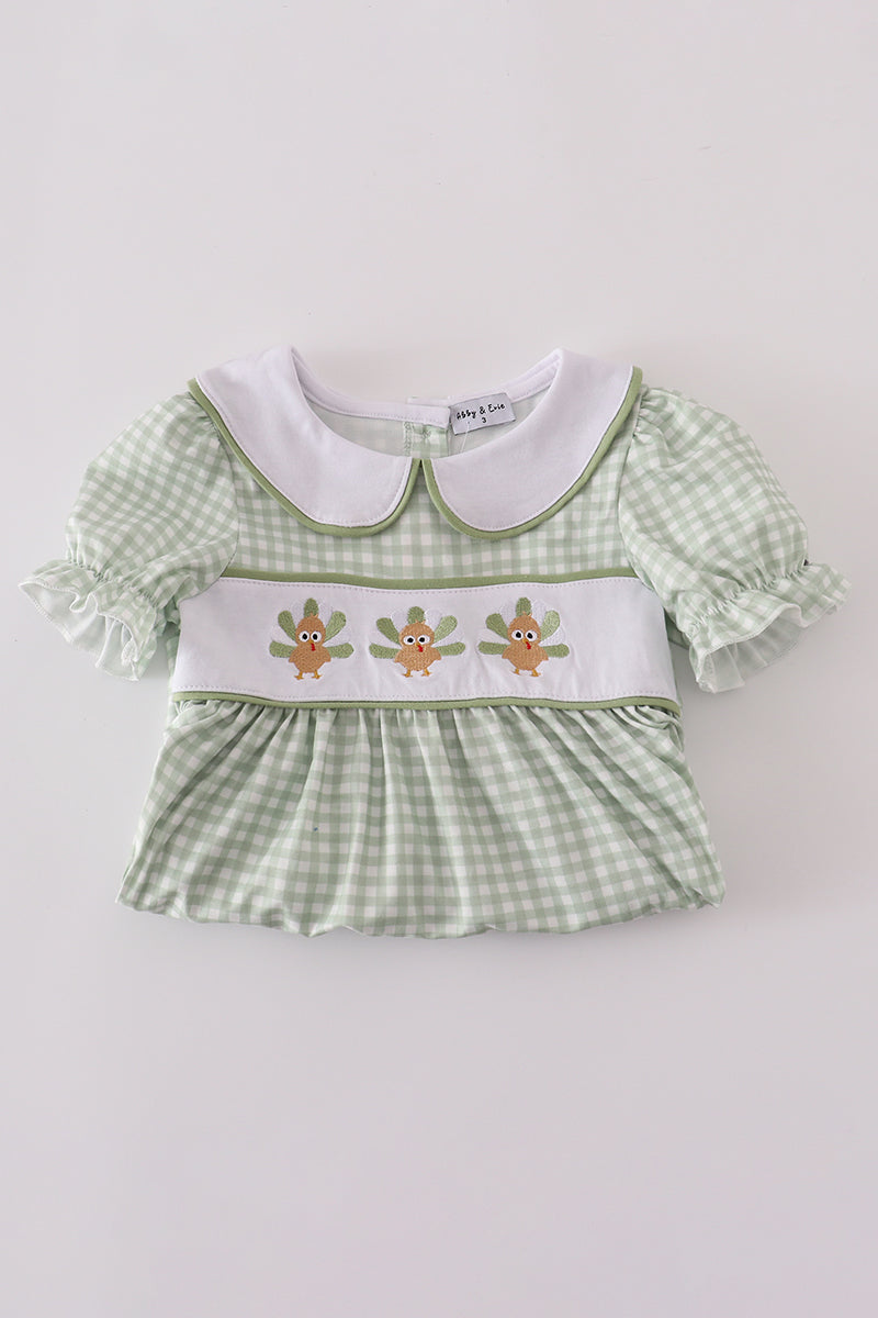 Girls Green Gingham Turkey Dress & Leggings Set