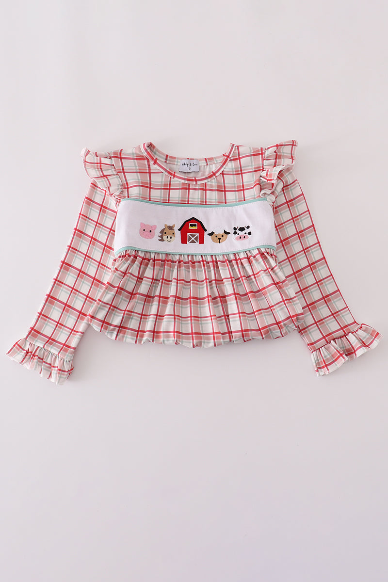 Farmyard Fun Smocked Set – Red Plaid Top & Aqua Ruffle Pants