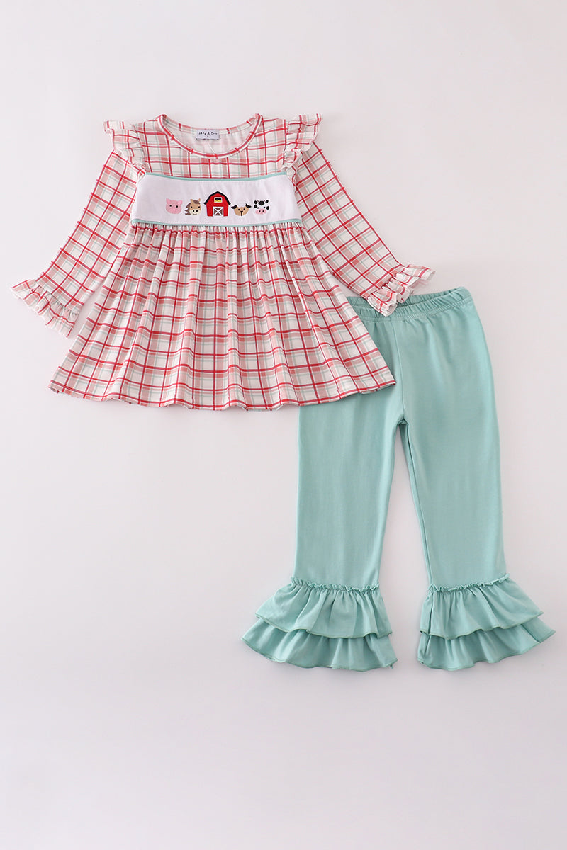 Farmyard Fun Smocked Set – Red Plaid Top & Aqua Ruffle Pants