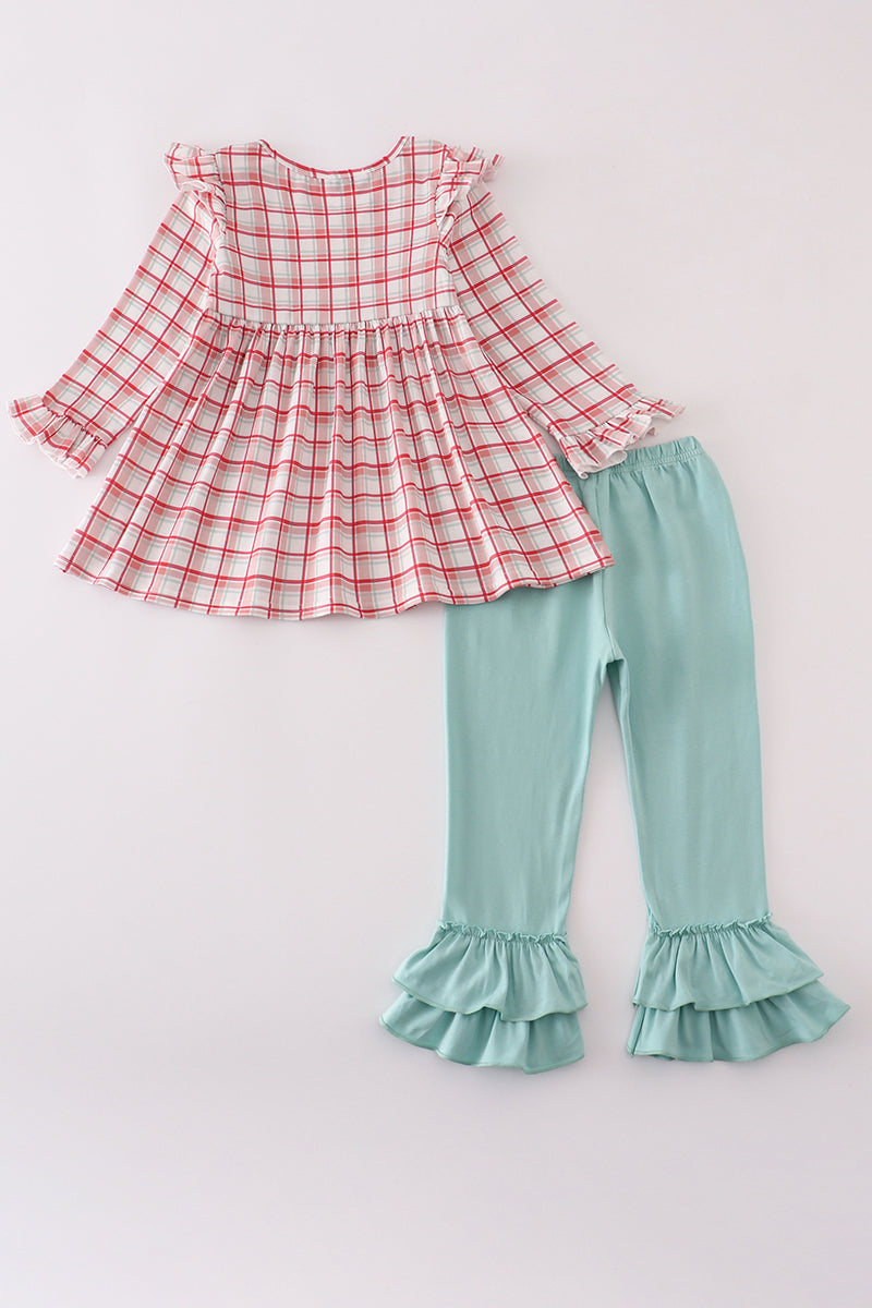 Farmyard Fun Smocked Set – Red Plaid Top & Aqua Ruffle Pants