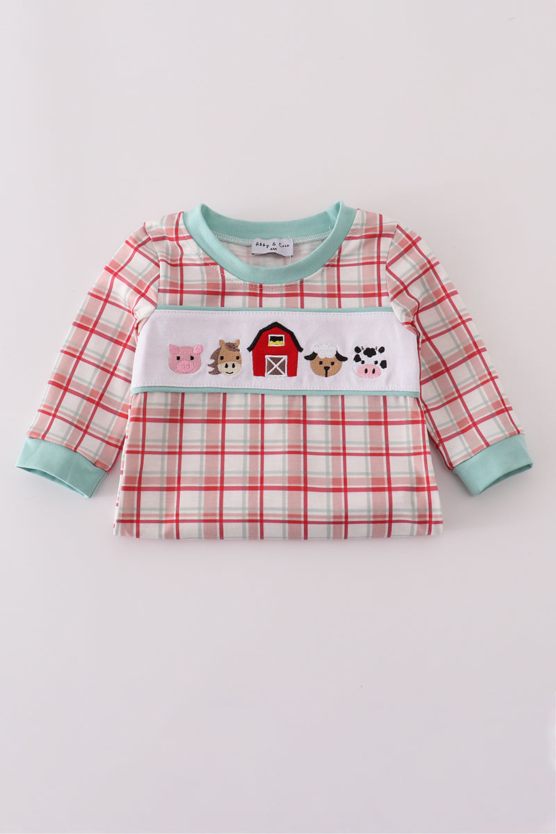 Farm Friends Smocked Plaid Romper