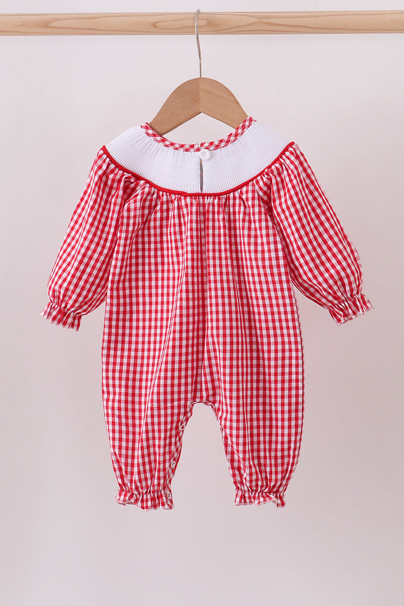 Baby Girls Red Gingham Smocked Christmas Romper – Reindeer & Tree