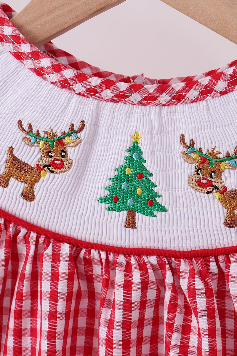 Baby Girls Red Gingham Smocked Christmas Romper – Reindeer & Tree