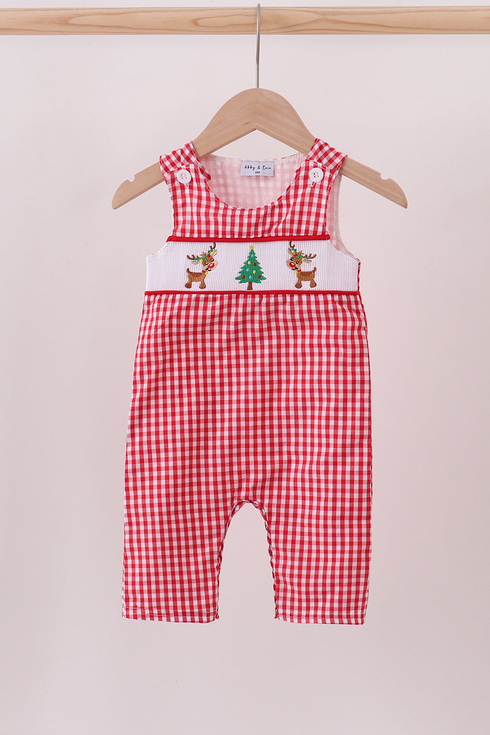Boys Red Gingham Christmas Romper – Smocked Reindeer & Tree