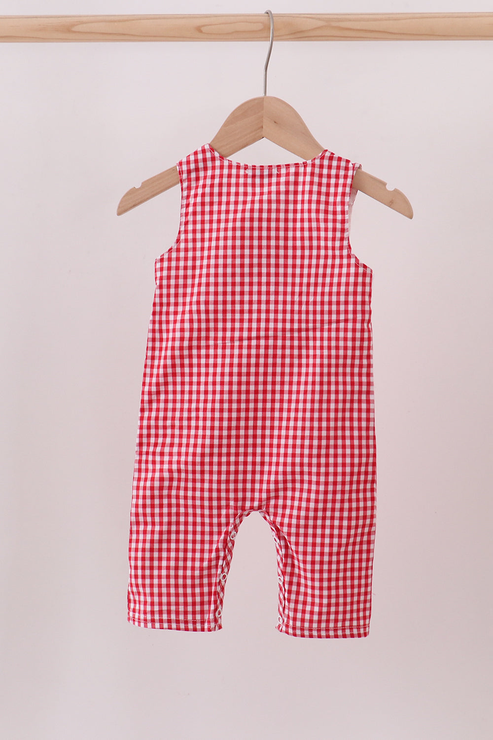 Boys Red Gingham Christmas Romper – Smocked Reindeer & Tree