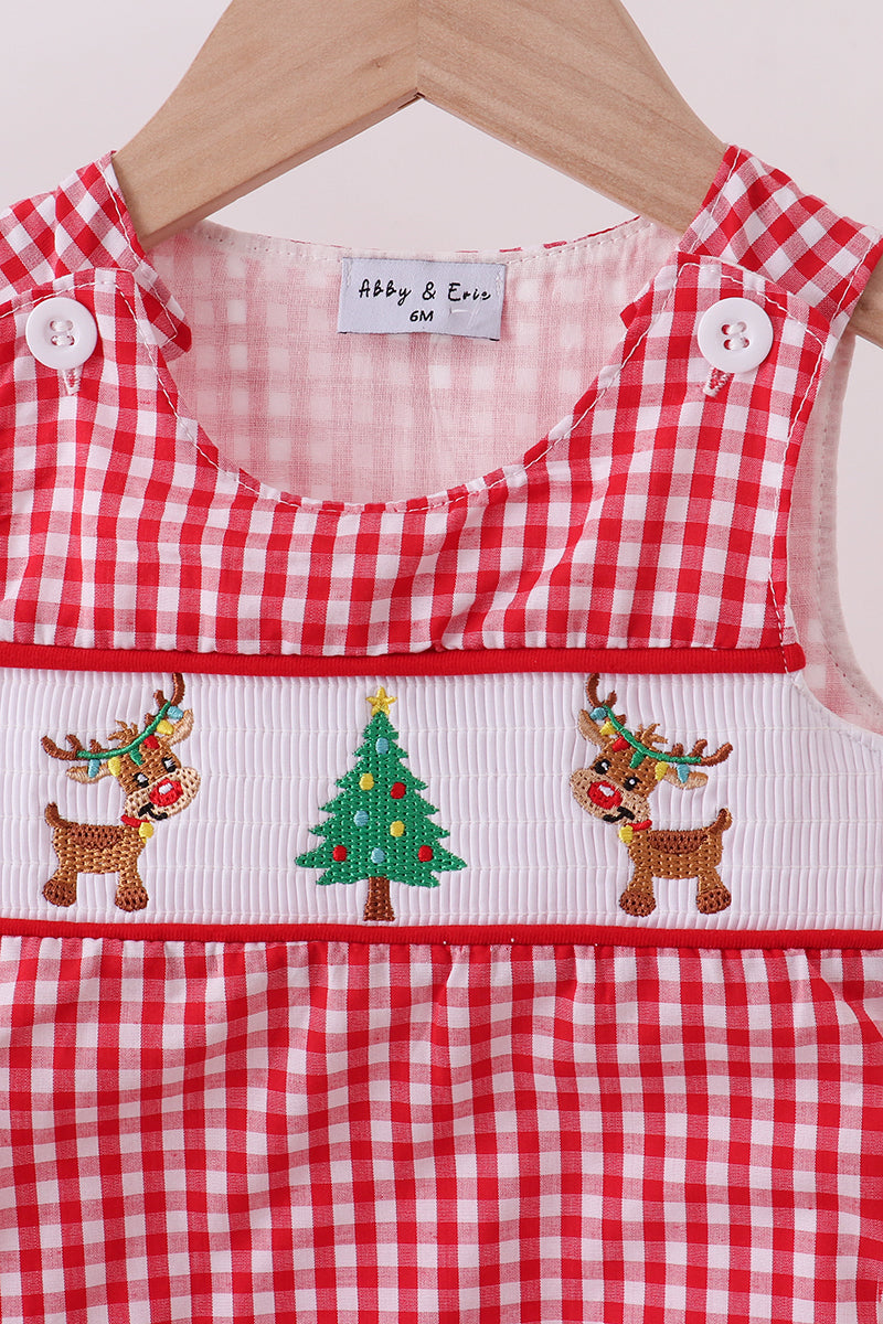 Boys Red Gingham Christmas Romper – Smocked Reindeer & Tree