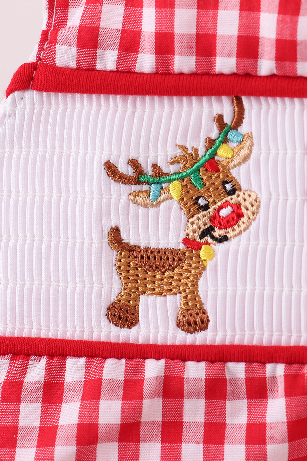 Boys Red Gingham Christmas Romper – Smocked Reindeer & Tree
