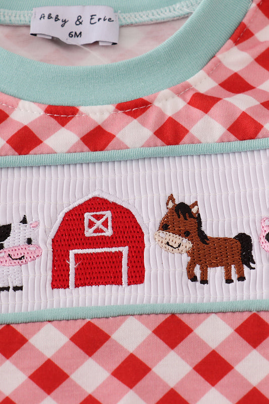 Red Gingham Farm Smocked Romper