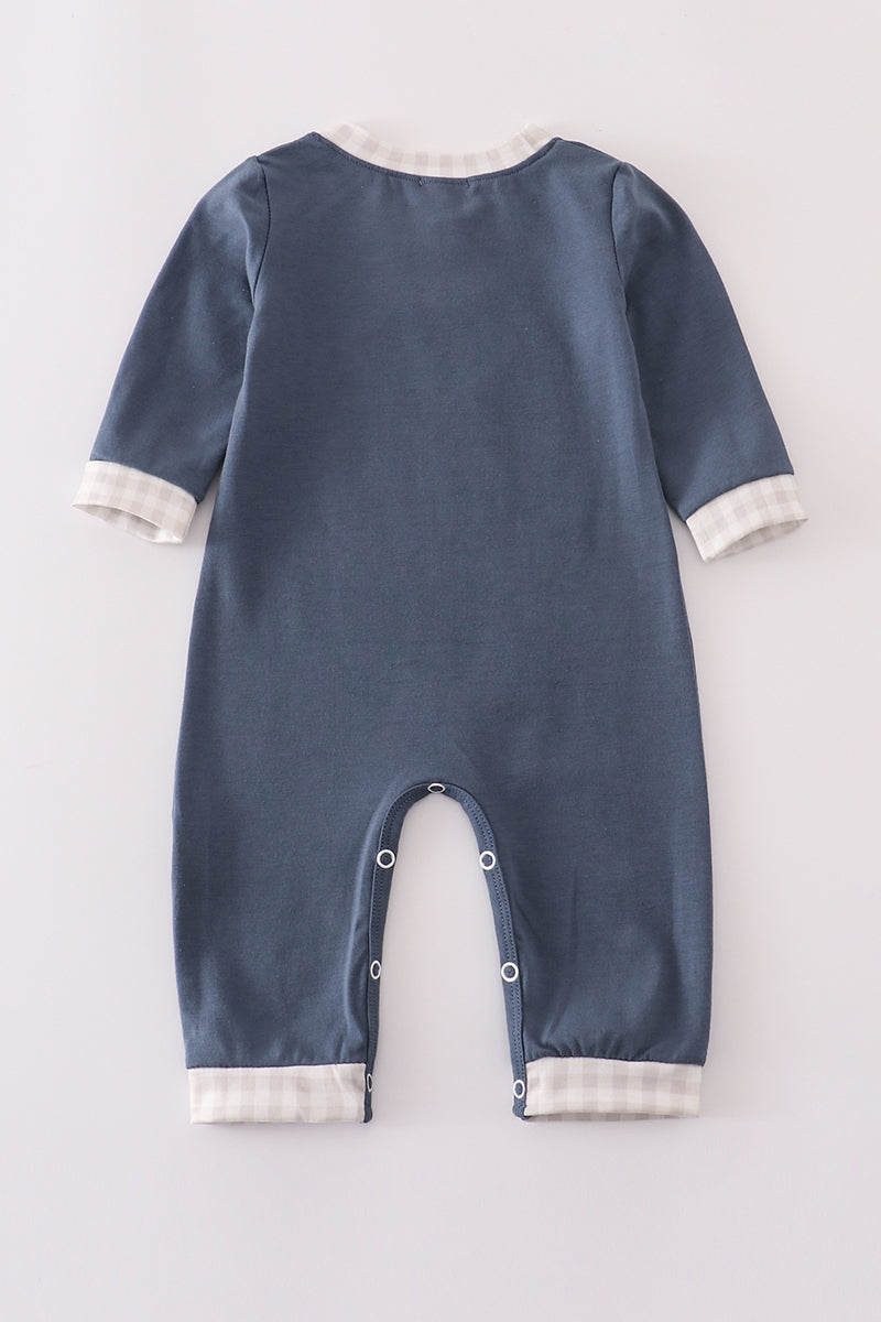 Baby Boy Dog Appliqué Romper – Blue Long Sleeve Jumpsuit