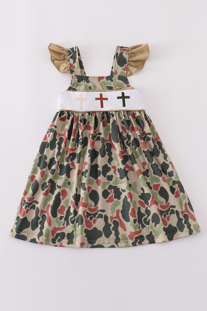 Girls’ Camouflage Cross Flutter Dress – Gold Sleeve