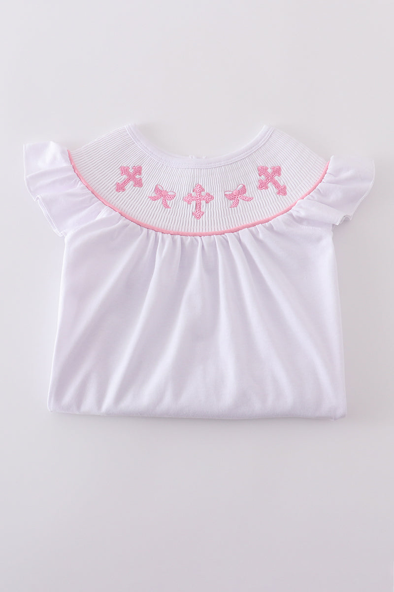 White Smocked Dress with Pink Crosses – Blessing Day Style