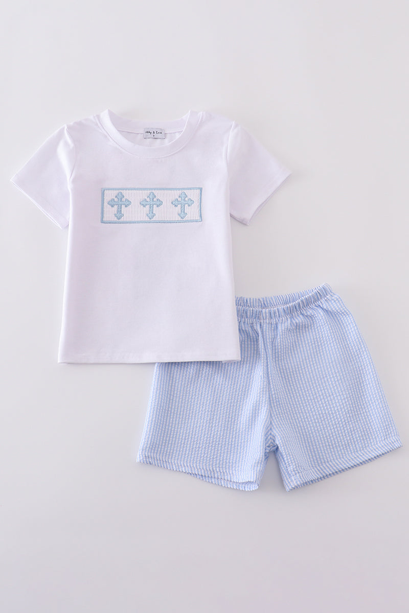 Blue Cross Smocked Shirt & Gingham Shorts Set