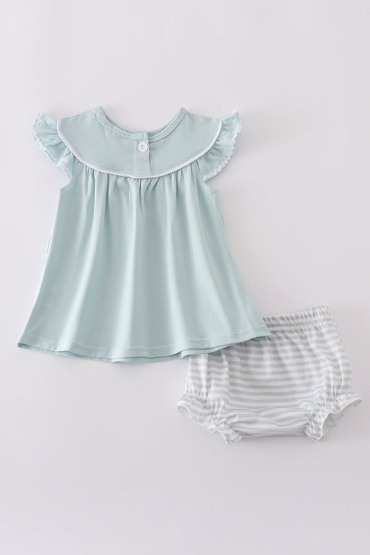 Mint Green Cross Flutter Sleeve Baby Girl Set – 2-Piece with Striped Bloomers