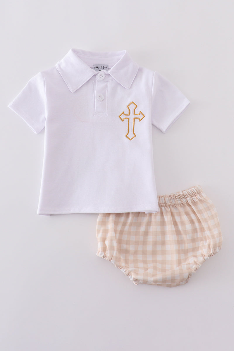 Baby Boys’ White Polo & Beige Gingham Bloomer Set with Gold Cross Embroidery