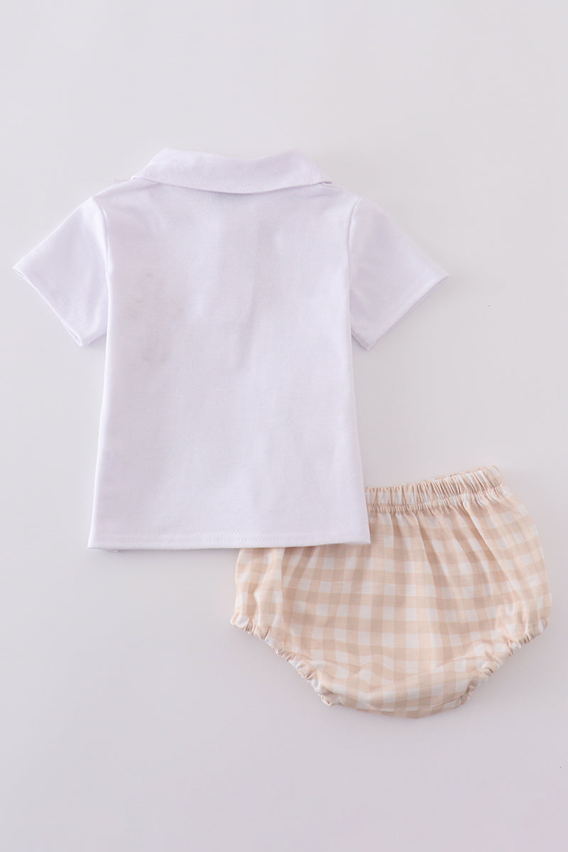Baby Boys’ White Polo & Beige Gingham Bloomer Set with Gold Cross Embroidery