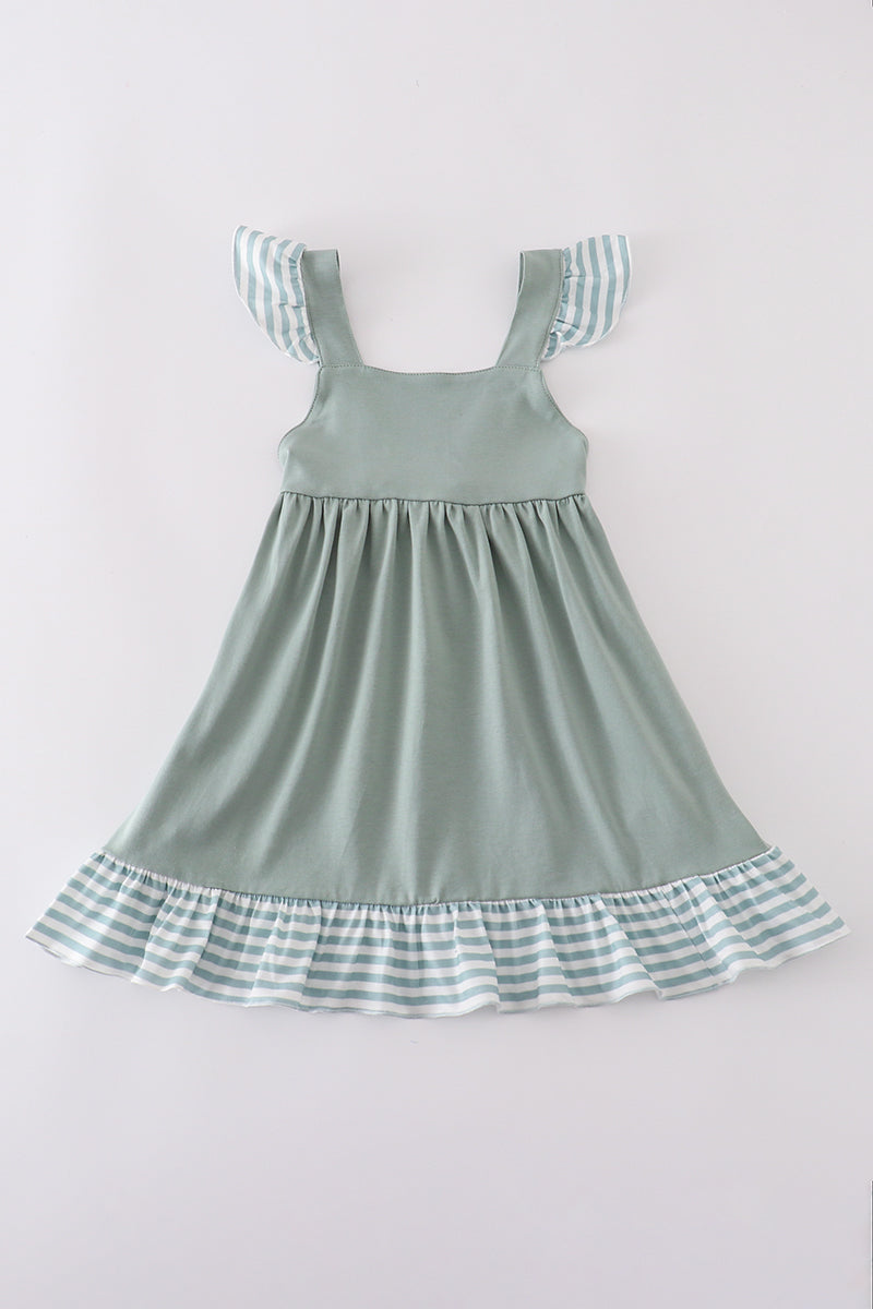 Sage Ruffle Strap Dress with Striped Trim