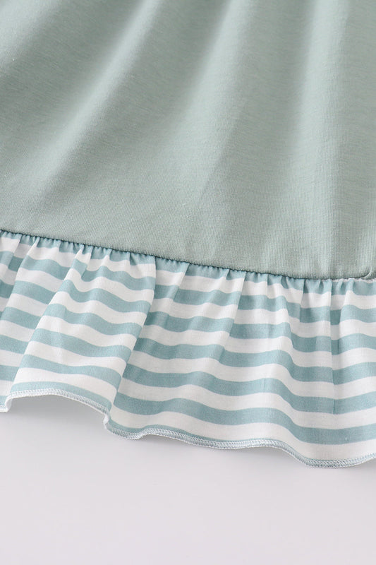 Sage Ruffle Strap Dress with Striped Trim