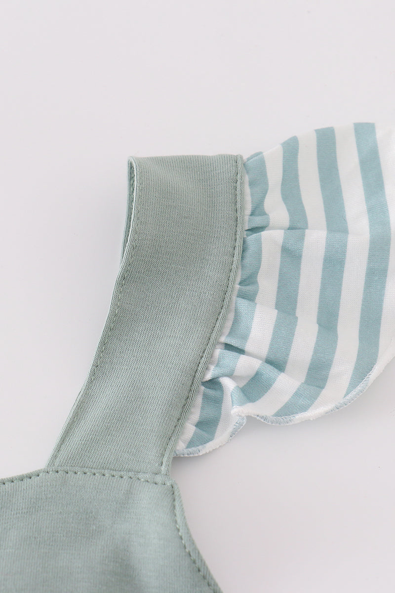 Sage Ruffle Strap Dress with Striped Trim