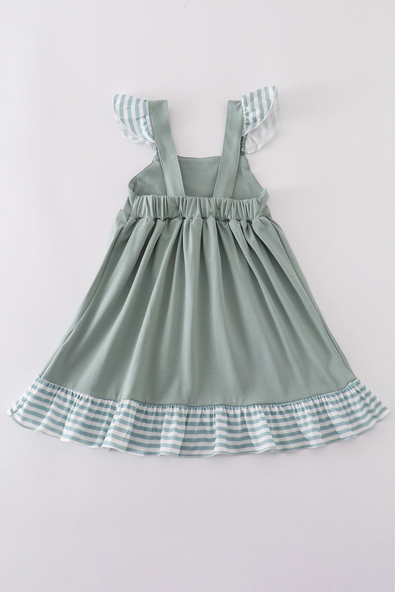 Sage Ruffle Strap Dress with Striped Trim