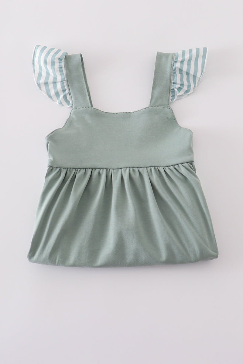 Sage Ruffle Strap Dress with Striped Trim