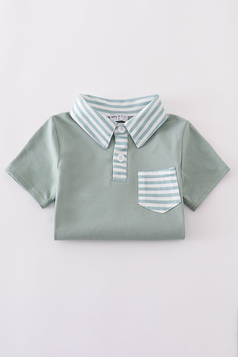 Striped Collar Polo Tee – Sage Green