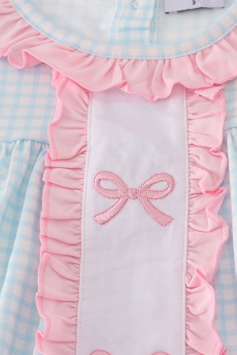 Blue Gingham Ruffle Top & Pink Leggings Set