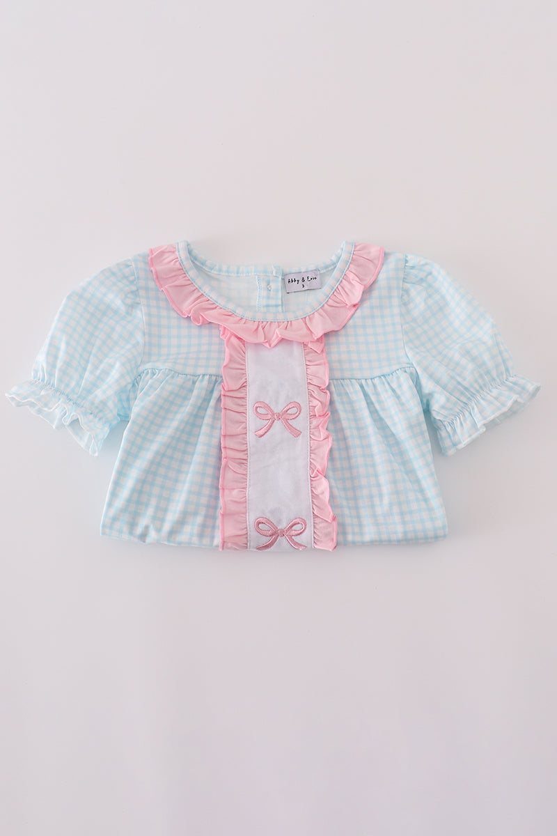 Blue Gingham Ruffle Top & Pink Leggings Set