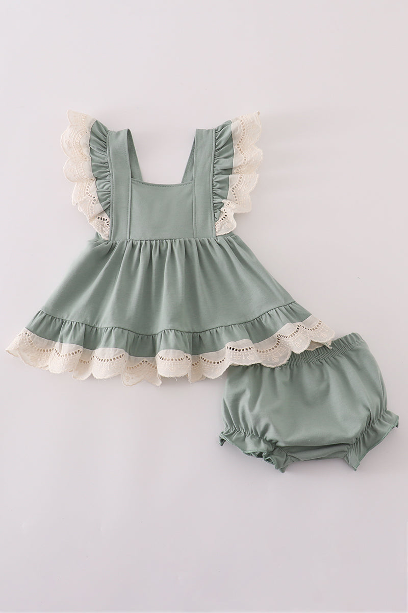 Sage Green Ruffle Baby Girl Romper Set with Lace Trim – 2-Piece Outfit
