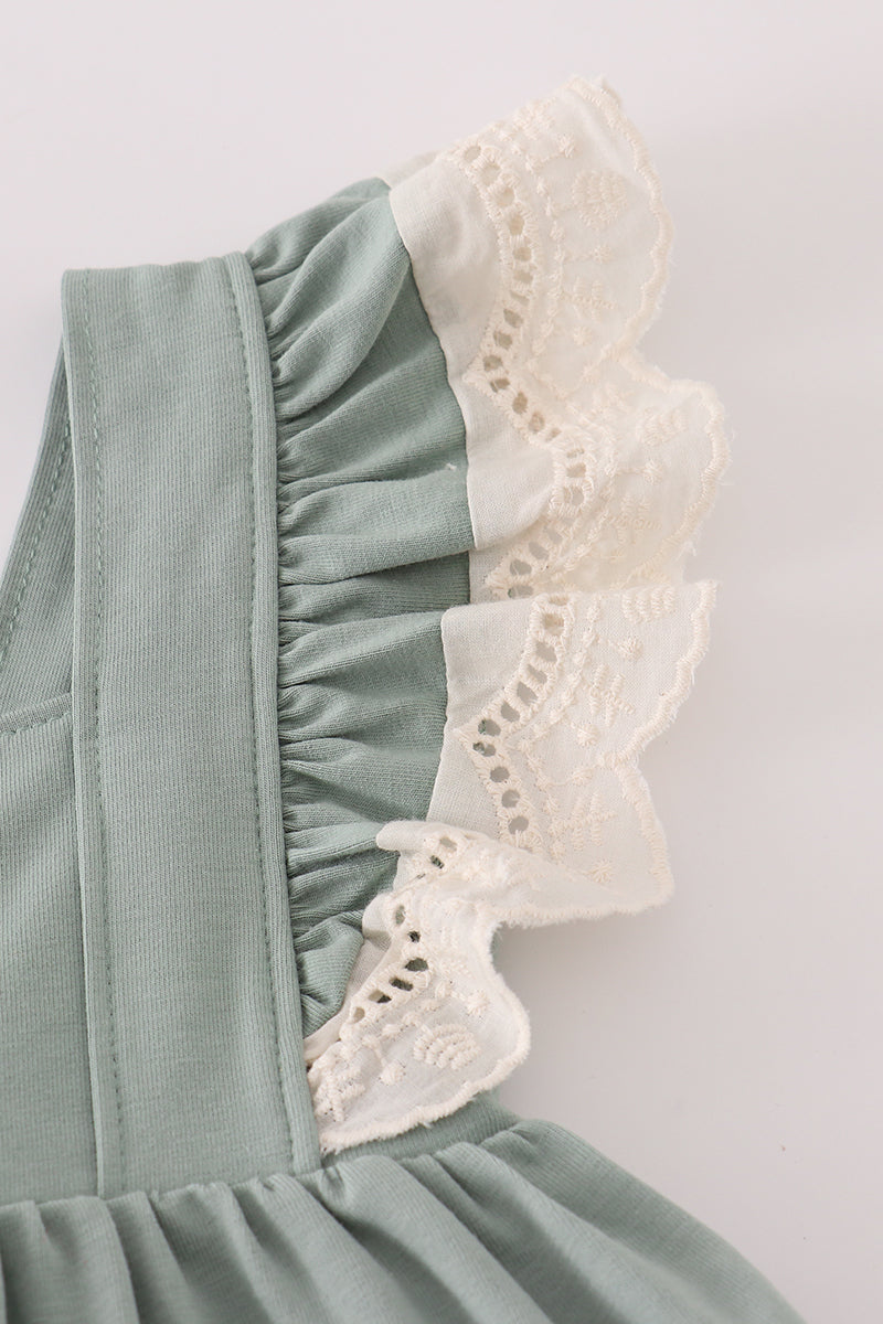 Sage Green Ruffle Baby Girl Romper Set with Lace Trim – 2-Piece Outfit