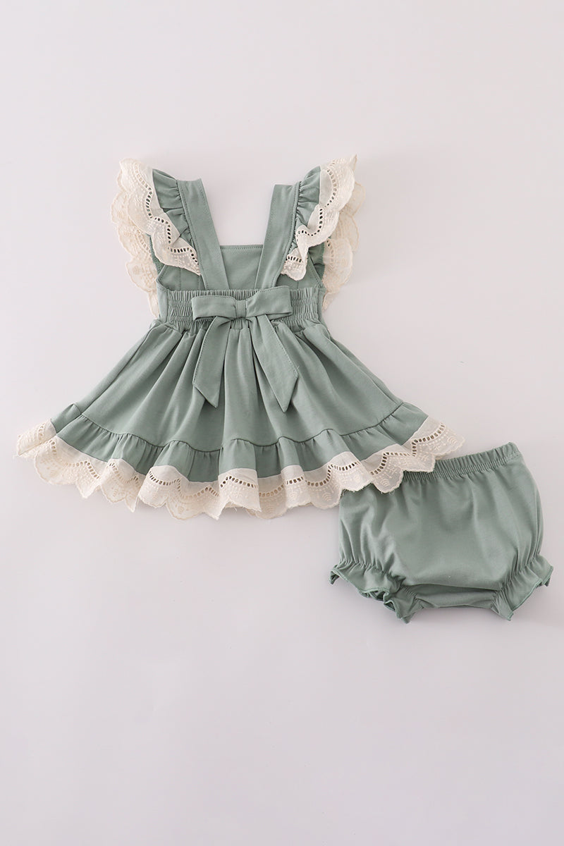 Sage Green Ruffle Baby Girl Romper Set with Lace Trim – 2-Piece Outfit