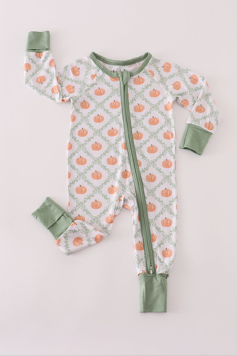 Pumpkin Vine Zip Footie – Sage Trim