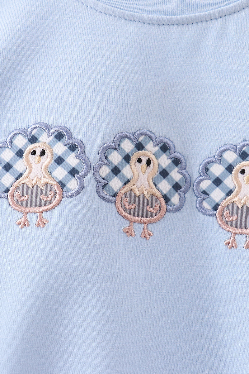 Gingham Turkey Embroidered Bubble Romper - Long Sleeved