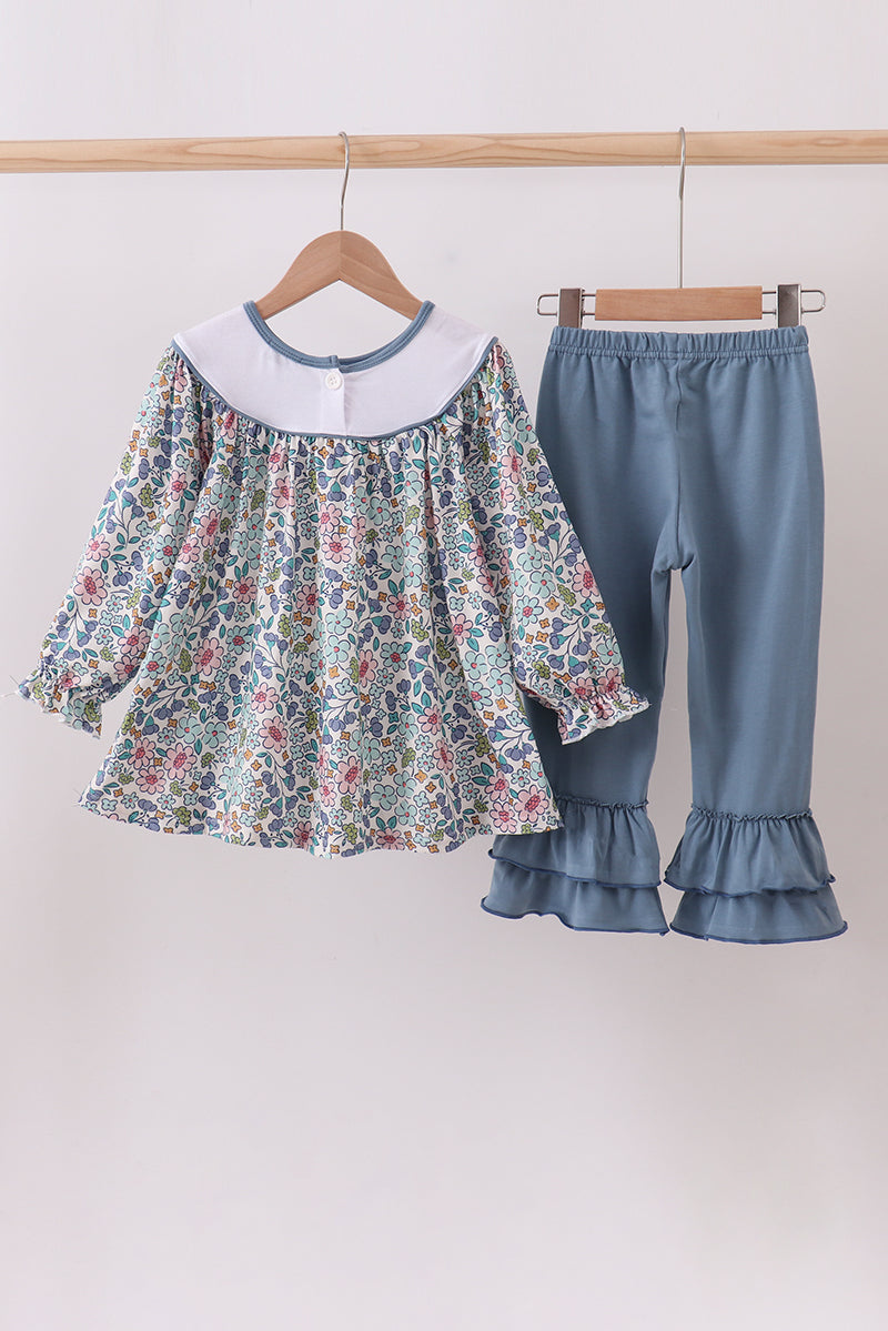 Blessed Baby Girl Outfit – Floral Tunic Top with Ruffle Pants Set