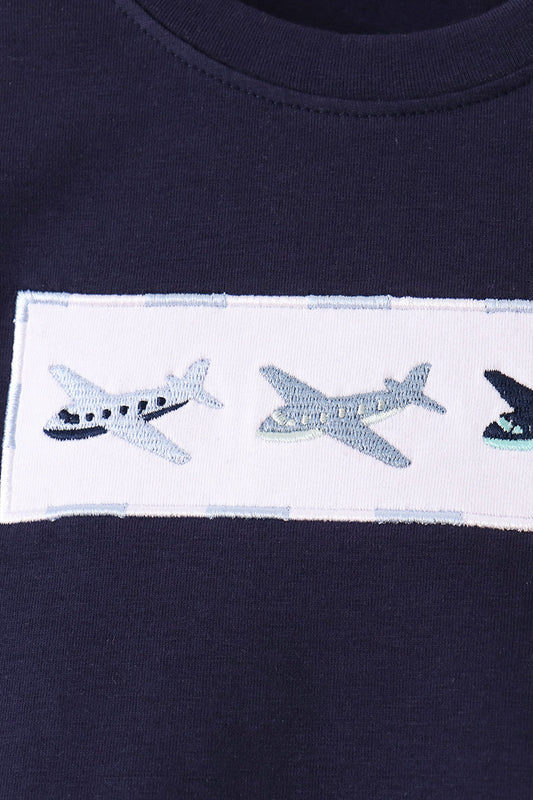 Navy Airplane Embroidery Pants Set