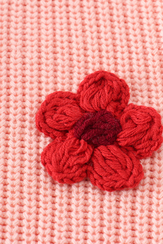 Pink Knit Sweater with 3D Flowers