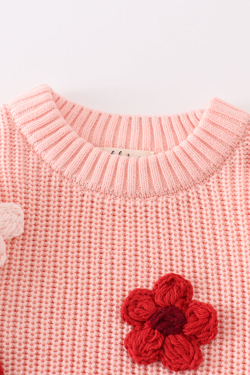 Pink Knit Sweater with 3D Flowers