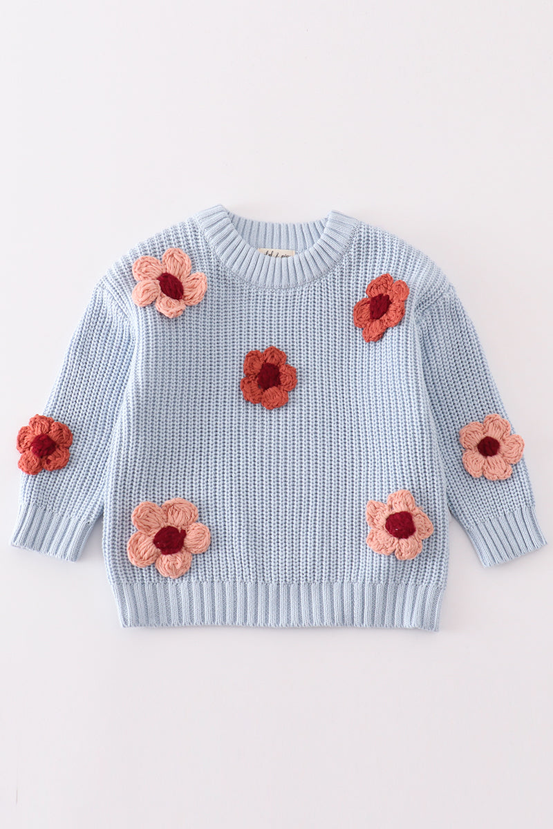 Toddler Girls’ Knit Sweater with Floral Appliqué, Cozy Blue Pullover
